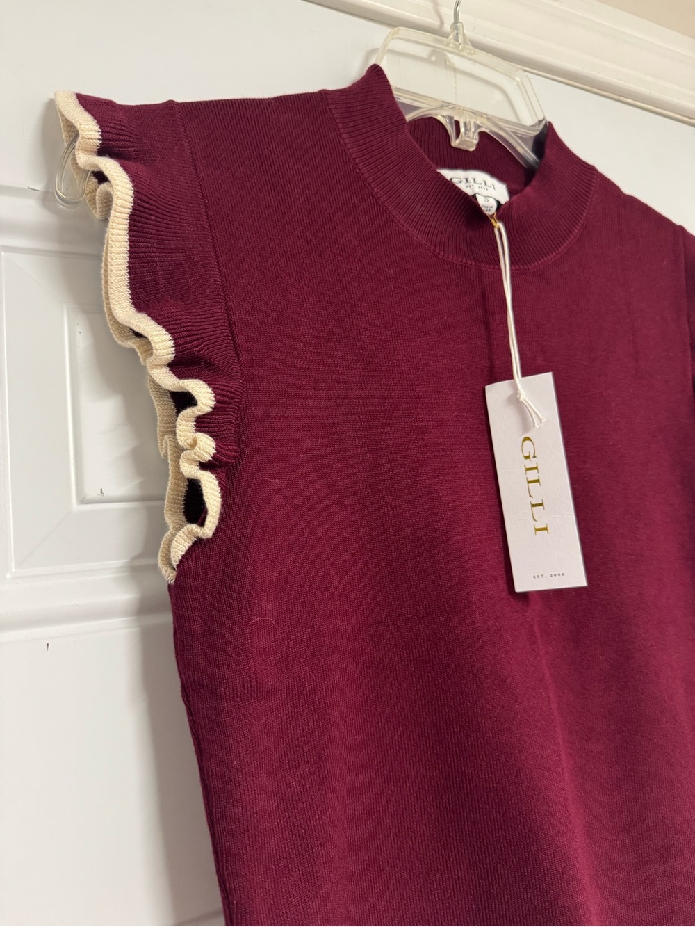 Gilli Burgundy Knit Sleeveless Top with Cream Ruffle Trim - Picture 2 of 4